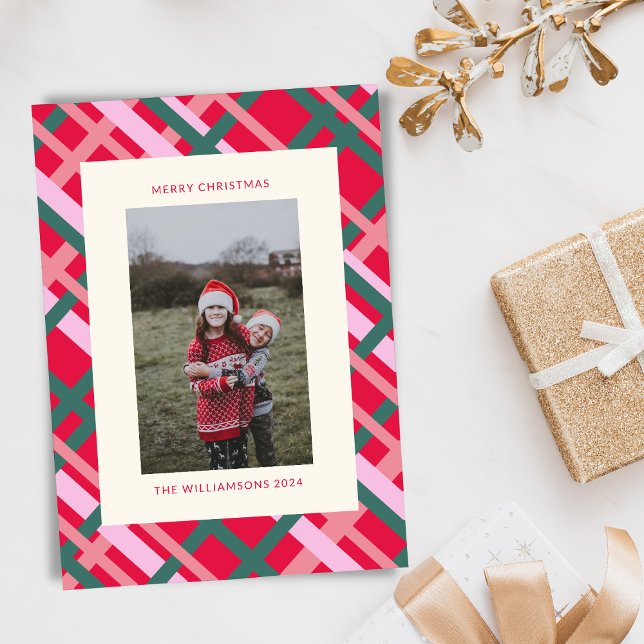 Modern Christmas Plaid Red Green Vertical Photo Holiday Card (Creator Uploaded)