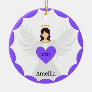 Modern Christmas Purple Angel Heart Custom Name Ceramic Ornament