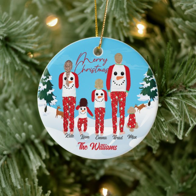 Modern Christmas Pyjamas Family of 5 Personalised  Ceramic Ornament (Tree)