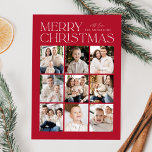 Modern Christmas Red 9 Photo Collage Holiday Card<br><div class="desc">Modern Christmas photo card featuring "Merry Christmas" displayed at the top of the design in trendy white lettering with a red background. A photo collage of 9 photos is shown below in a grid-style layout. Personalize the multi-photo Christmas card with your family name. The card reverses to display a red...</div>