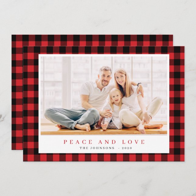 Modern Christmas Red Black Plaid Tartan Pattern Holiday Card (Front/Back)