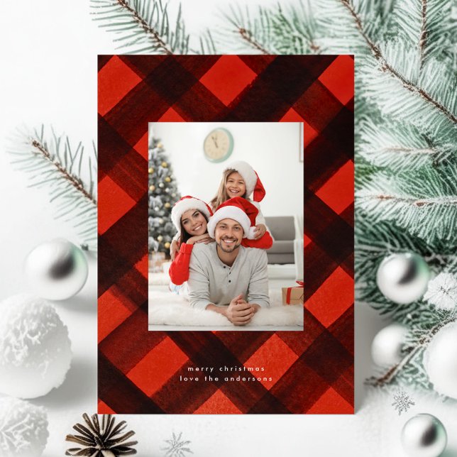 Modern Christmas Red Black Tartan Photo Frame Holiday Card (Creator Uploaded)