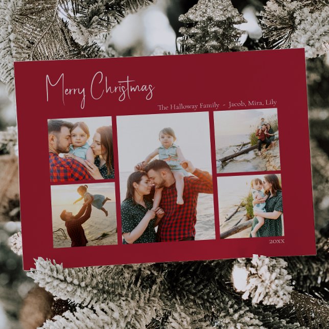 Modern Christmas | Red Five-Photo Holiday Card (Creator Uploaded)