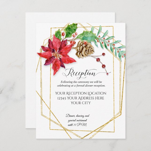 Modern Christmas Red Floral Gold Geometric Wedding Invitation (Front/Back)
