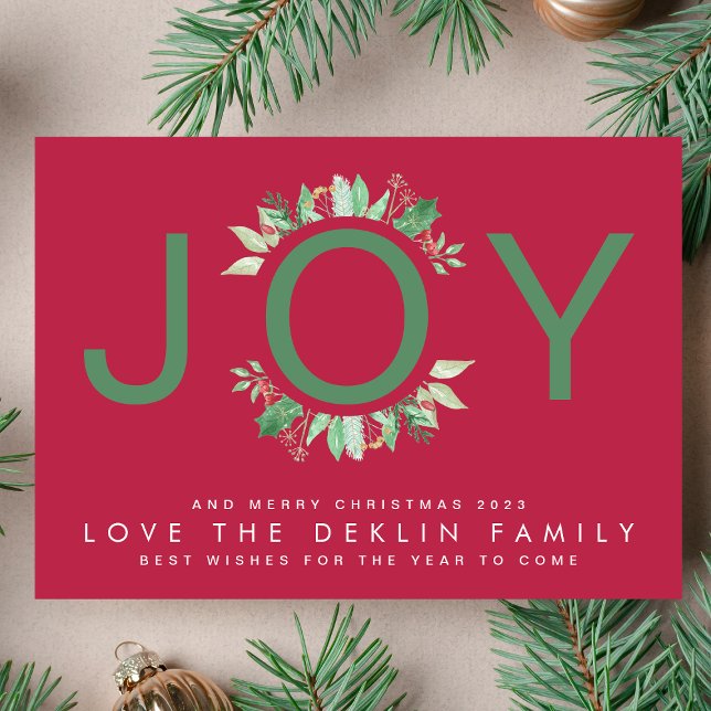 Modern Christmas RED Magenta JOY Wreath Photo Holiday Card (Creator Uploaded)
