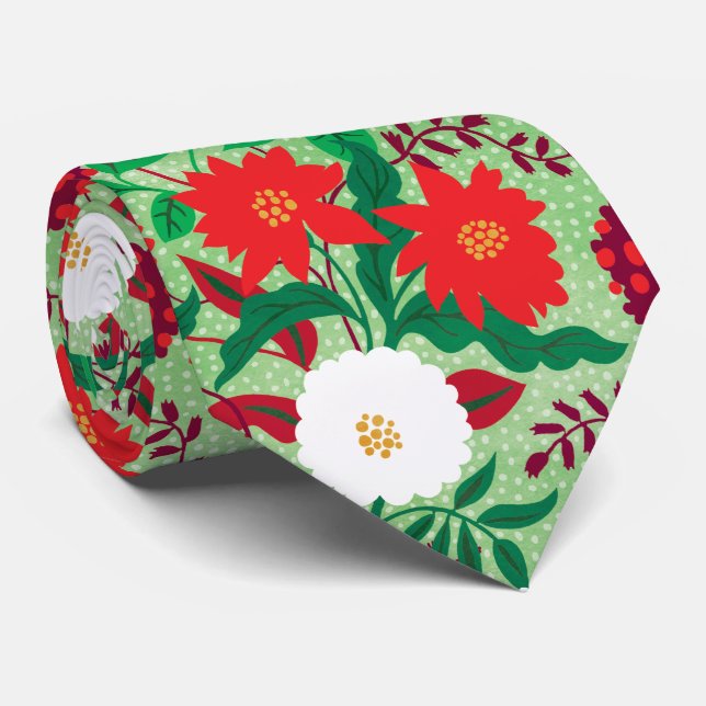 Modern Christmas Red Poinsettia Floral Pattern Tie (Rolled)
