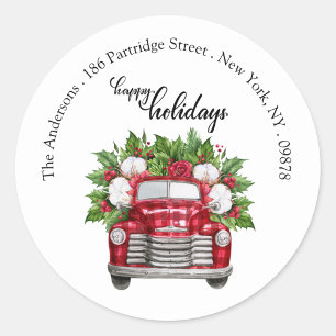 Modern Christmas Red Truck Return Address Classic Round Sticker