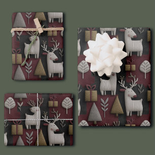 Modern Christmas Reindeer Red And Gold Pattern Wrapping Paper Sheet