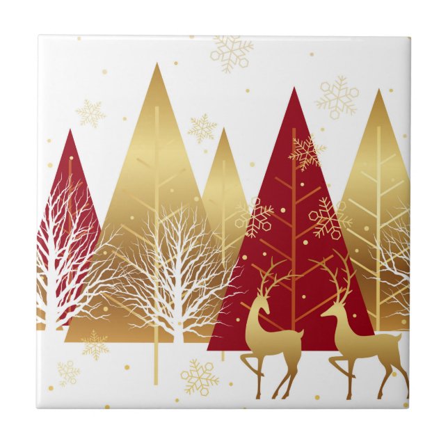 Modern Christmas Reindeer Red Gold Winter Snow Ceramic Tile (Front)