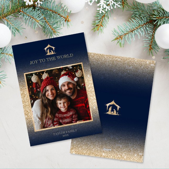 Modern Christmas Religious Nativity Family Photo  Holiday Card (religious family photo christmas card with NAVY background and gold nativity scene)