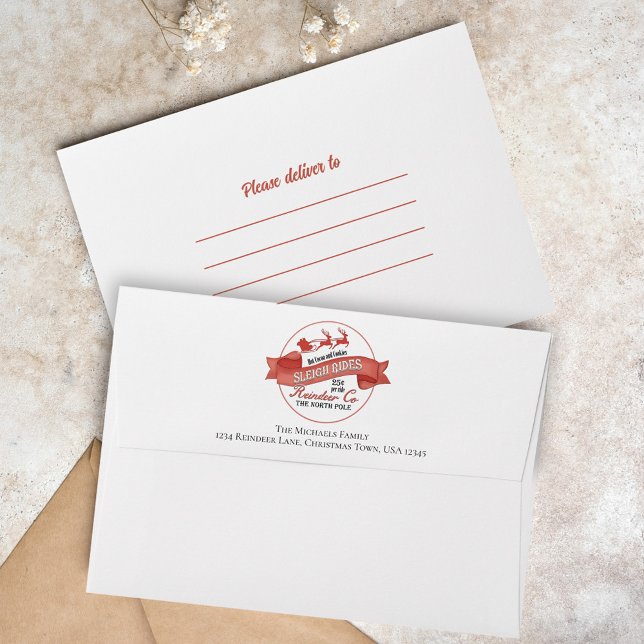Modern Christmas Return Address  Envelope (Simple Christmas holiday envelope with Santa Sleigh Rides typography. )