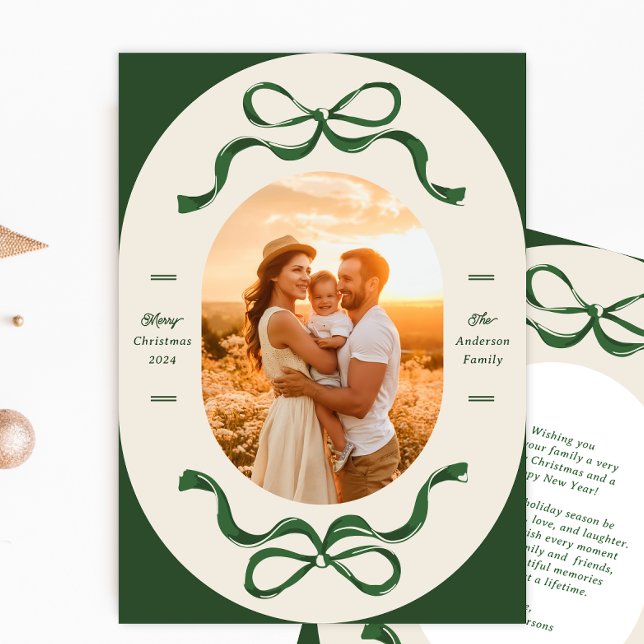 Modern Christmas Ribbon & Bow Green Oval Photo Holiday Card (Creator Uploaded)