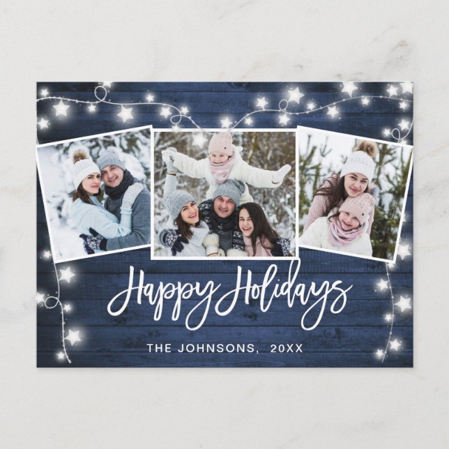 Modern Christmas Rustic  3 PHOTO Greeting Holiday Postcard (Front)