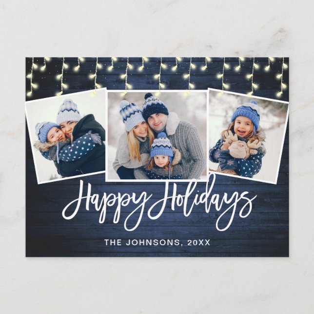 Modern Christmas Rustic  3 PHOTO Greeting Holiday Postcard (Front)