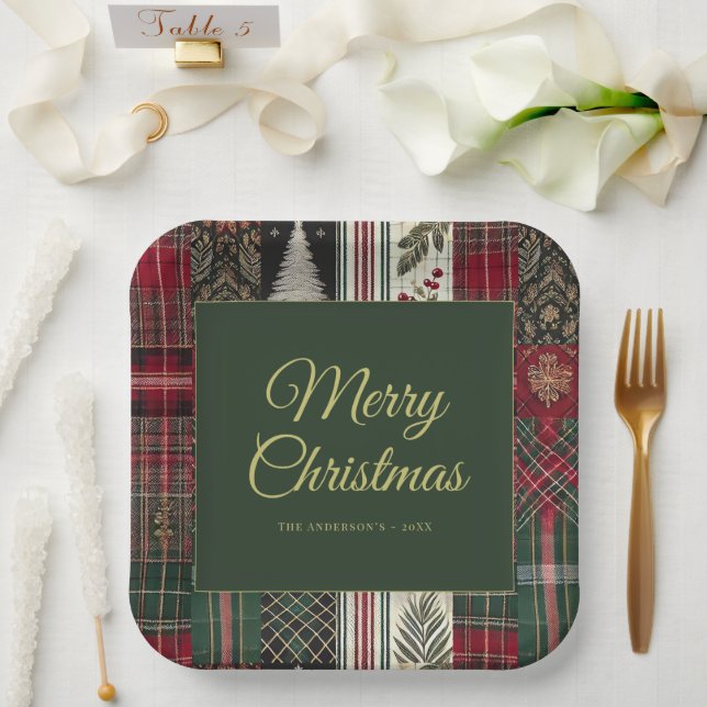 Modern Christmas Rustic Plaid Pattern Paper Plate (Wedding)