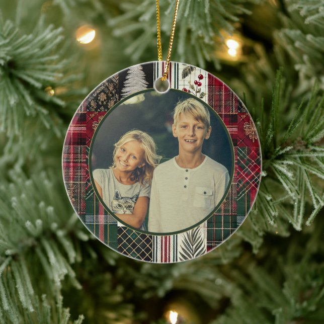 Modern Christmas Rustic Plaid Photo Ceramic Ornament (Tree)