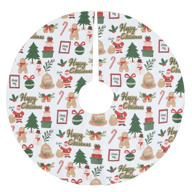 Modern Christmas Santa and Gingerbread Pattern Brushed Polyester Tree Skirt (Front)