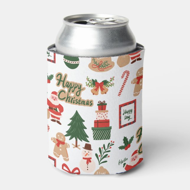 Modern Christmas Santa and Gingerbread Pattern Can Cooler (Can Front)