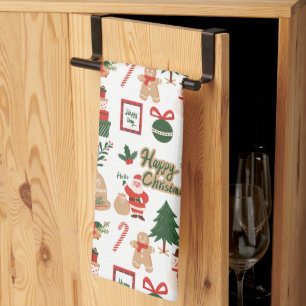 Modern Christmas Santa and Gingerbread Pattern Tea Towel