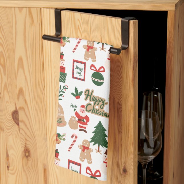 Modern Christmas Santa and Gingerbread Pattern Tea Towel (Thirds Fold)