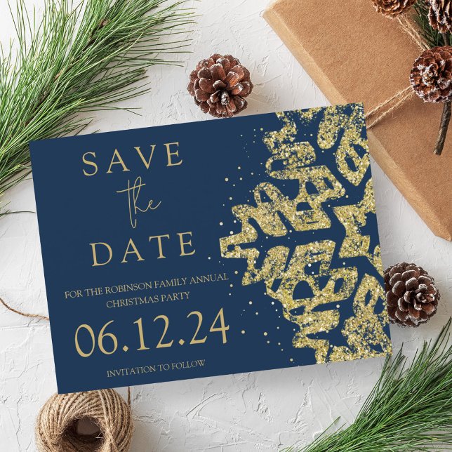 Modern Christmas Save The Date Gold Glitter Navy  Announcement Postcard (Modern Christmas Save The Date Gold Glitter Navy Announcement Postcard)