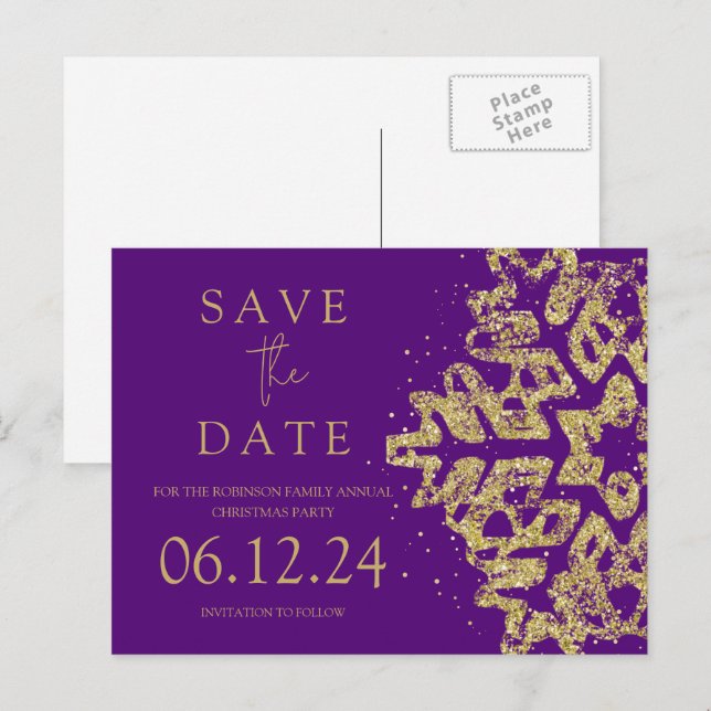 Modern Christmas Save The Date Gold Glitter Purple Announcement Postcard (Front/Back)