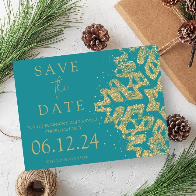 Modern Christmas Save The Date Gold Glitter Teal  Announcement Postcard (Modern Christmas Save The Date Gold Glitter Teal Announcement Postcard)