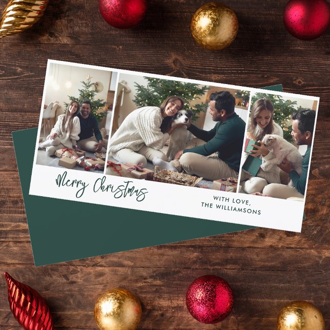 Modern Christmas Script 3 Photos Holiday Card (Christmas Photo Collage Family Greetings Card)