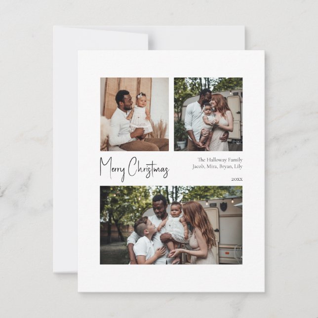 Modern Christmas Script Centred Three-Photo Holiday Card (Front)