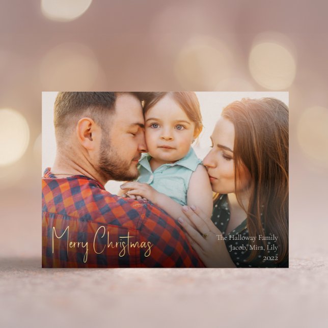Modern Christmas Script Full Photo Gold Foil Holiday Card (Creator Uploaded)