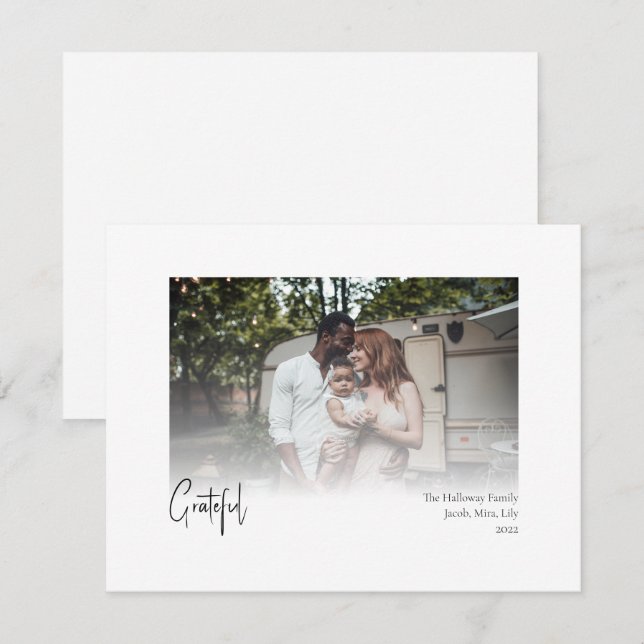 Modern Christmas Script Grateful Faded Photo Holiday Card (Front/Back)