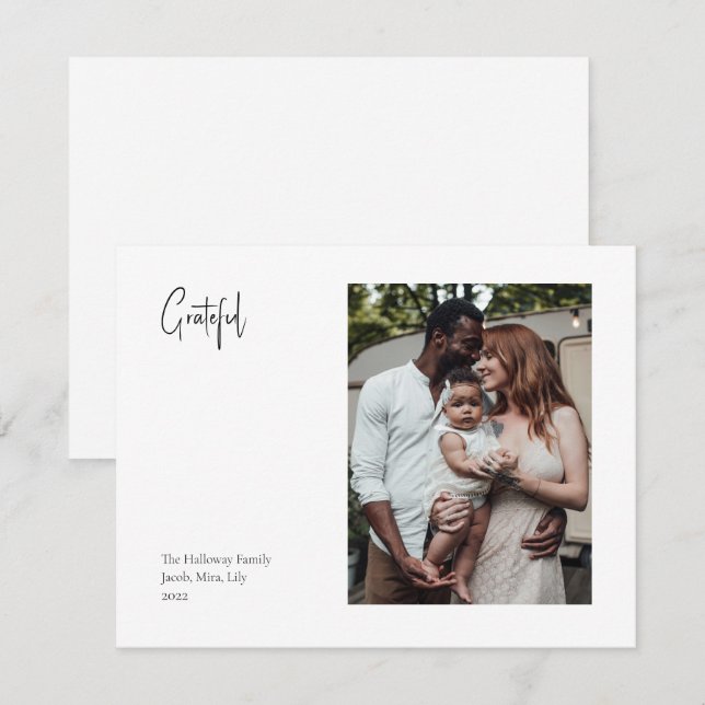 Modern Christmas Script Grateful Single Photo Holiday Card (Front/Back)