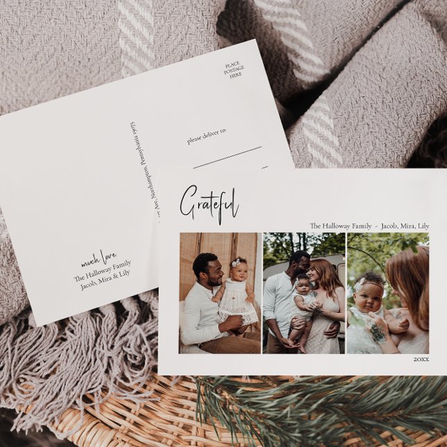 Modern Christmas Script Grateful Three-Photo Holiday Postcard (Creator Uploaded)