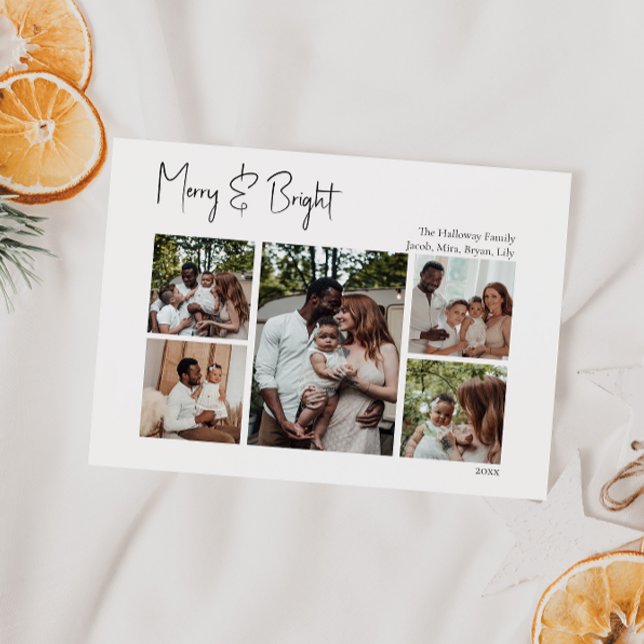 Modern Christmas Script Merry & Bright Five-Photo Holiday Card (Creator Uploaded)