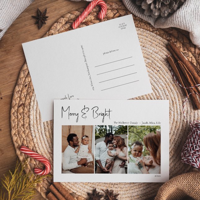 Modern Christmas Script Merry & Bright Three-Photo Holiday Postcard (Creator Uploaded)