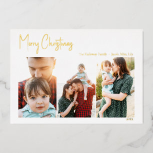 Modern Christmas Script Three Photo   Gold Foil Ho Foil Holiday Card