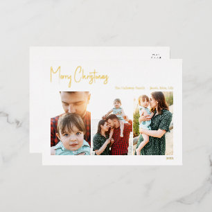 Modern Christmas Script Three Photo Gold Foil Ho Holiday Postcard