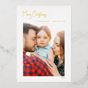 Modern Christmas Script Vertical Single Photo Gold Foil Holiday Card