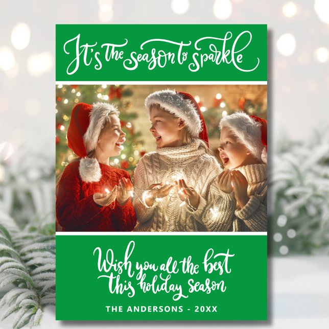 Modern Christmas Season To Sparkle Green Holiday Card (Creator Uploaded)