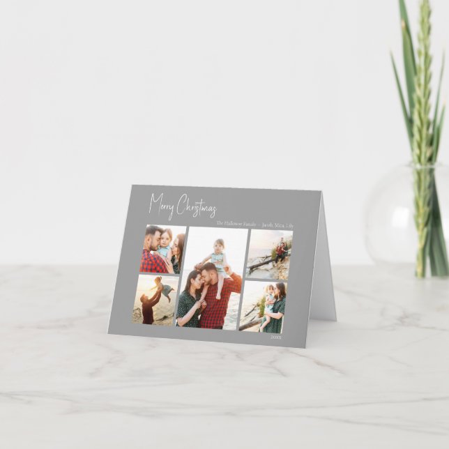Modern Christmas | Silver Script Folded Five-Photo Holiday Card (Front)