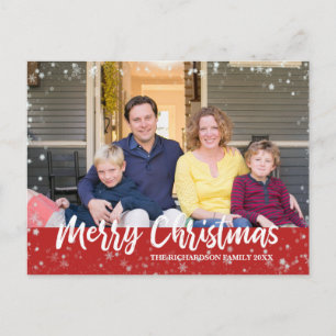 Modern Christmas Snow Photo Red Postcard