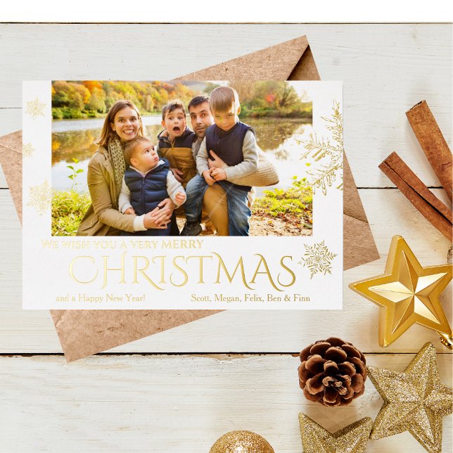 Modern Christmas Snowflake Foil Holiday Card (Gold Foil Vintage Snowflakes Christmas Card with Photo)