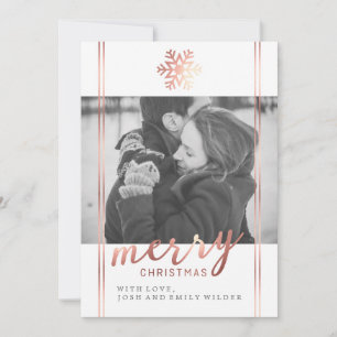Modern Christmas Snowflake   White and Rose Gold Holiday Card