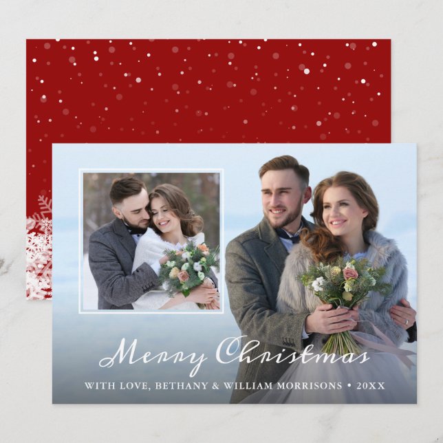 Modern Christmas Snowflakes Red 2 Photo Holiday Card (Front/Back)