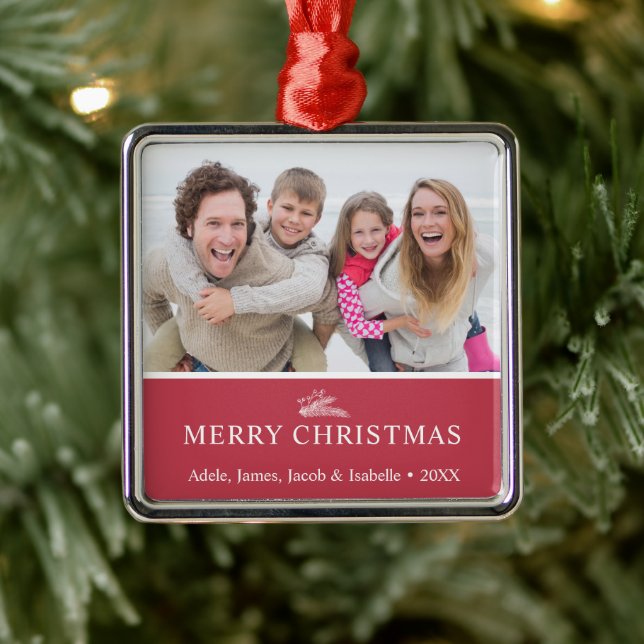 Modern Christmas Sprig Berries Photo Red Metal Ornament (Tree)