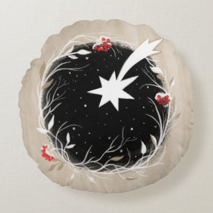 Modern Christmas Star Winter Wreath Round Cushion