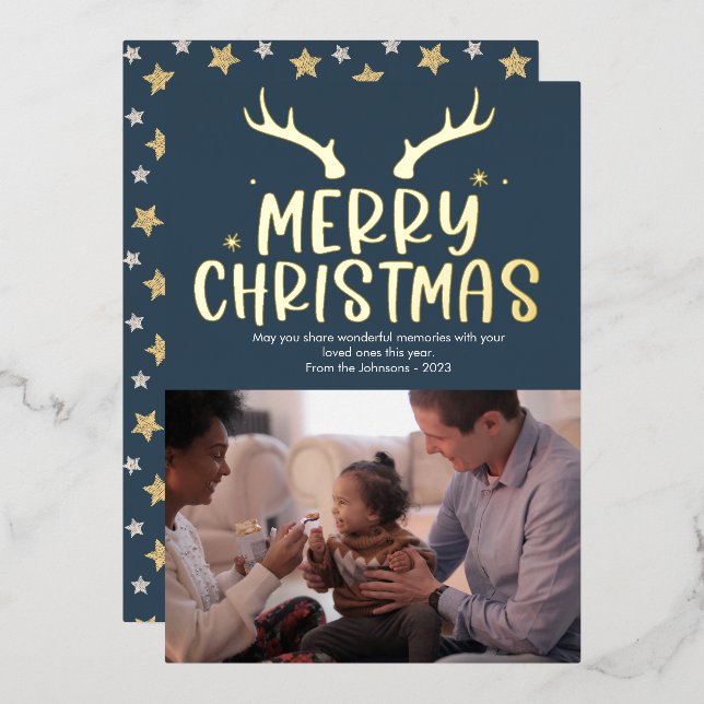 Modern Christmas Stars Photo Foil Holiday Card (Front/Back)