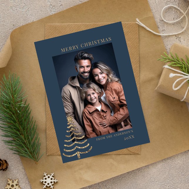 Modern Christmas Stylish Minimalist photo Family Holiday Card (modern one photo blue personalized festive christmas card with a\ gold glittery tree)