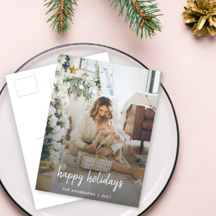 Modern Christmas Stylish Minimalist Script Family Holiday Postcard