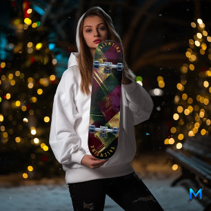Modern Christmas Tartan in Burgundy and Gold Skateboard